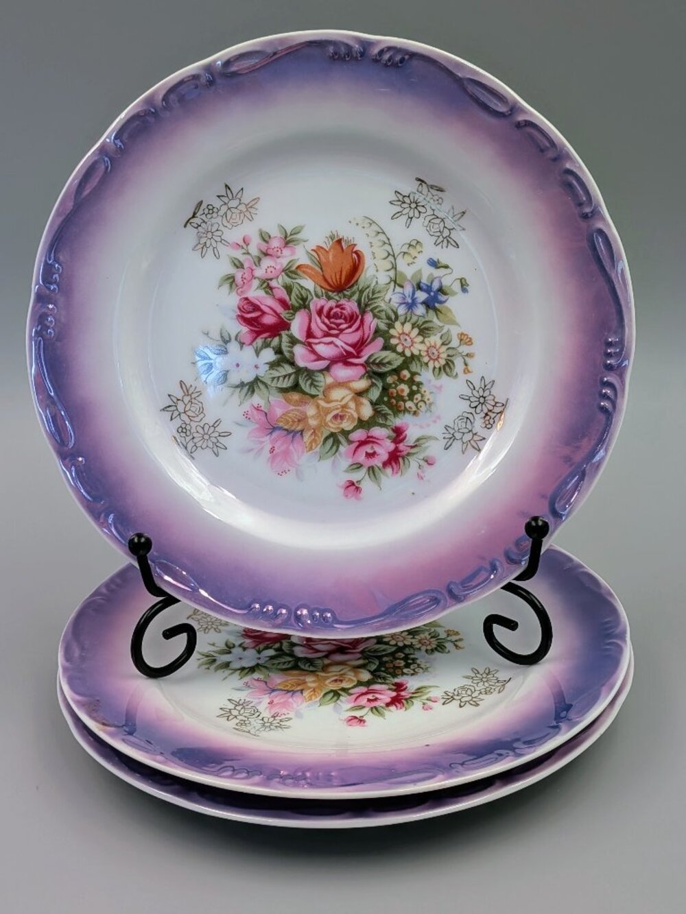 Vintage Royal Crown Purple Lusterware Porcelain Plates with Roses - Set of 3